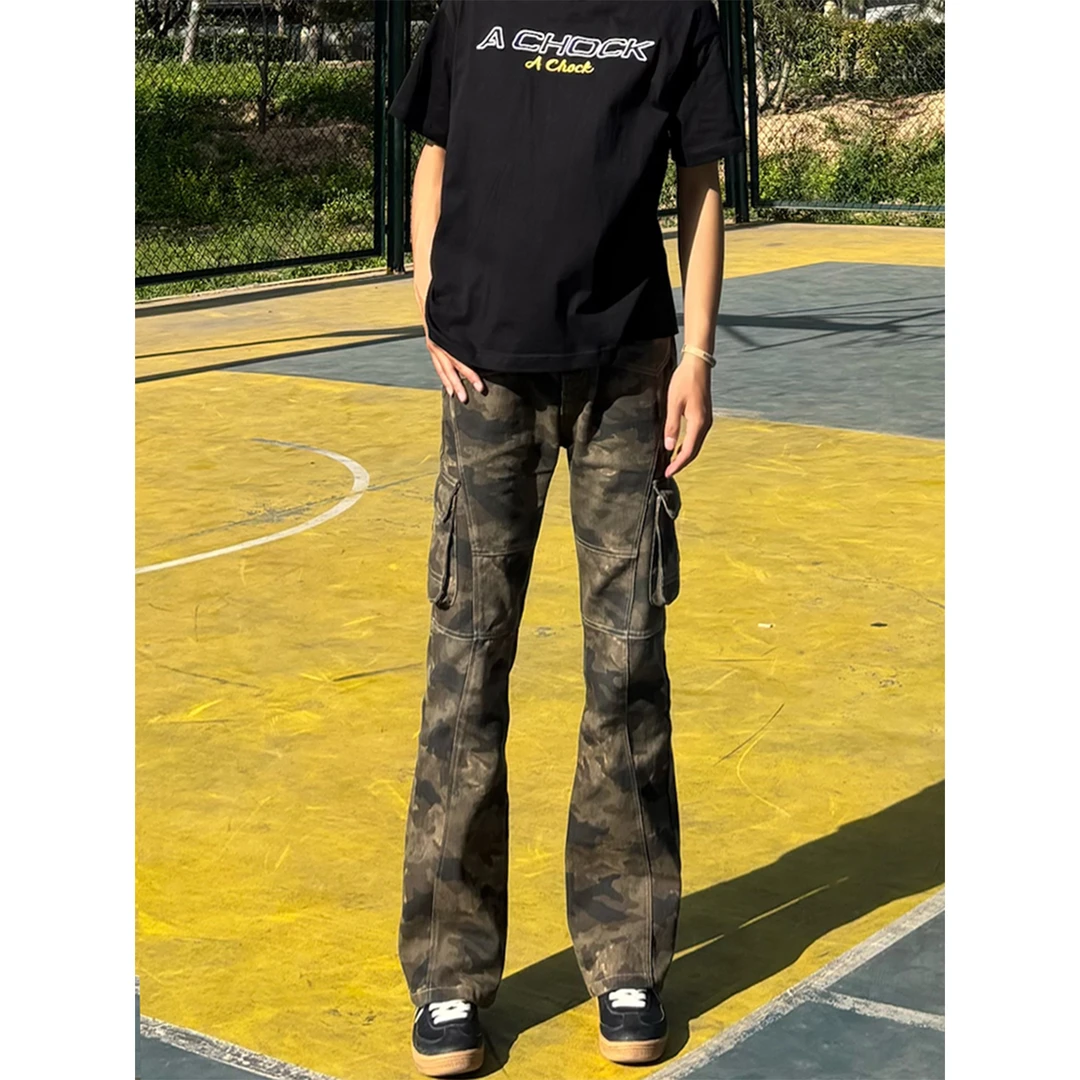 美式微喇迷彩牛仔裤男款夏季薄款高街工装裤子休闲窄版直筒喇叭裤