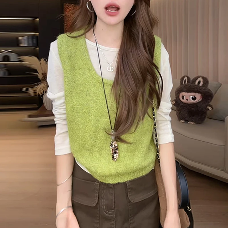 纯欲慵懒风减龄套装女2025春秋新款长袖打底衫针织无袖马甲两件套