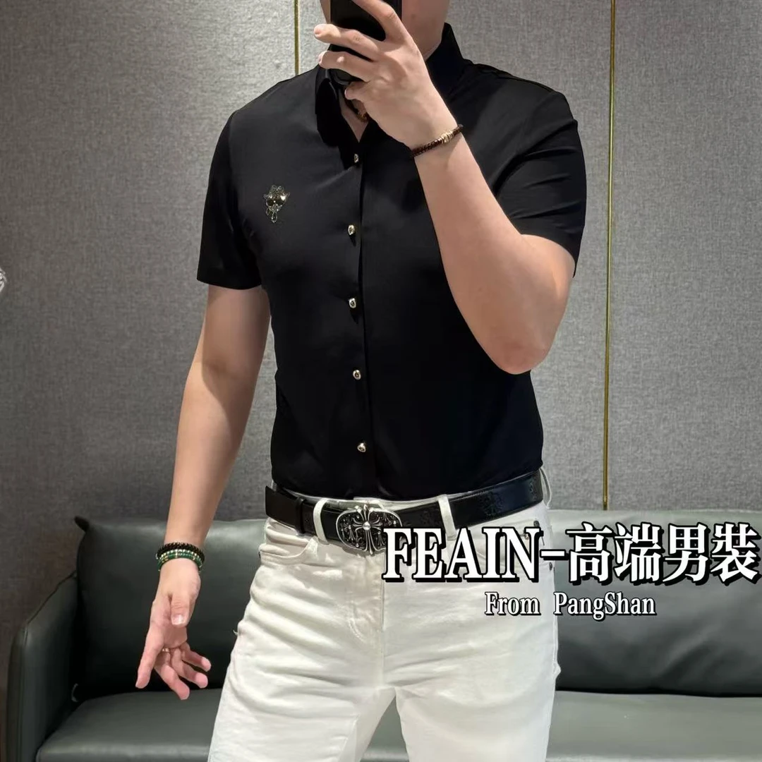 【桑蚕丝亚麻】定制级面料奥钻金扣设计弹力免熨烫短袖衬衫623