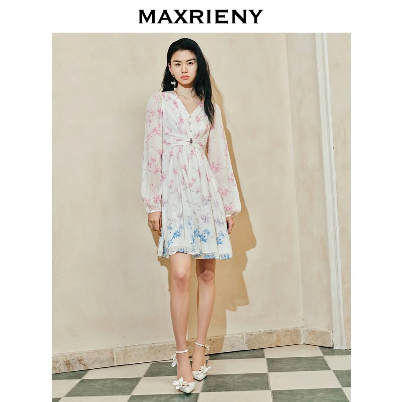 MAXRIENY【东方玉兰-商场同款新品】仙美氛围感渐变晕染玉兰连衣裙