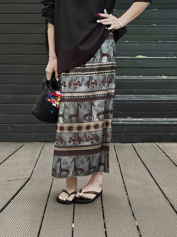 富婆同学会专属5238吉祥象真丝直筒裙无缝一体大码长款裙夏季开叉