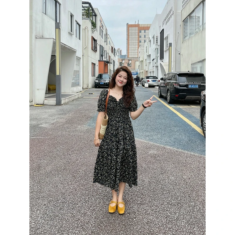 WenWen小个子韩系黑色碎花连衣裙显瘦气质时尚中长裙2588