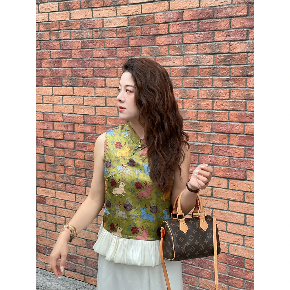 WenWen小个子新中式国风立领兔子印花拼接雪纺边无袖衬衫上衣4085