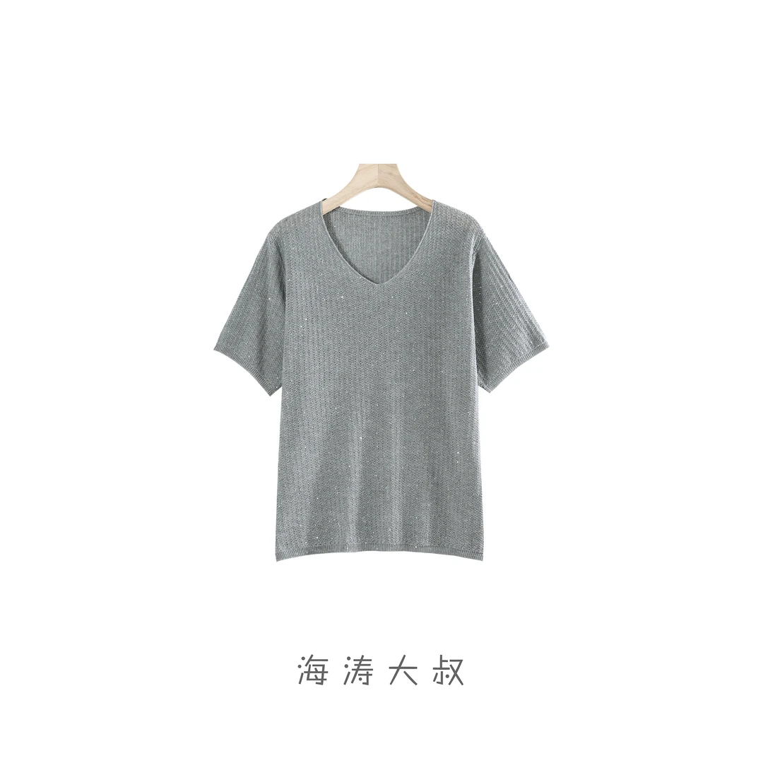 【海涛大叔】天丝亚麻坑条V领短袖针织T恤