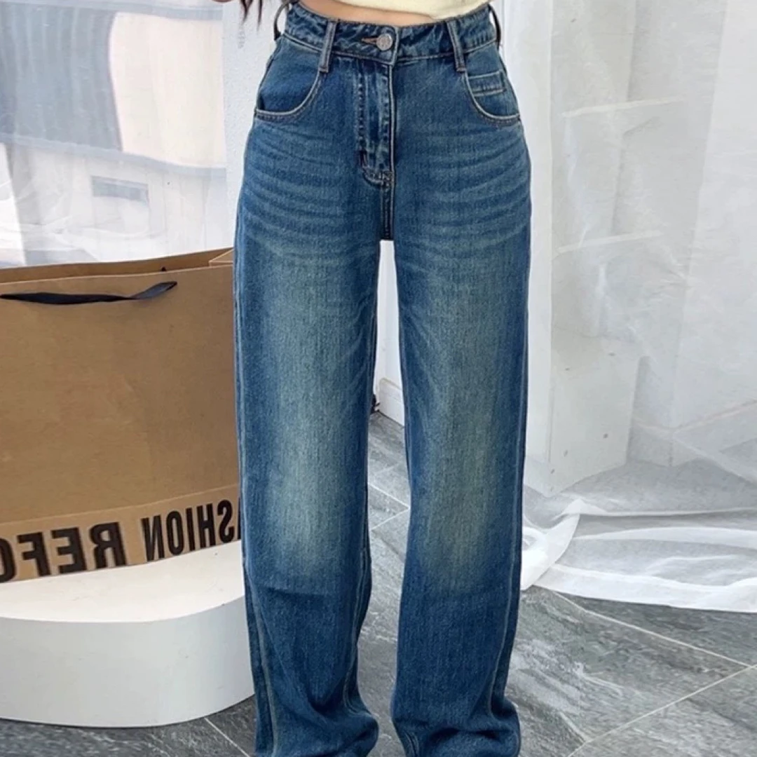 依依家大码女装2603秋季新款女士复古蓝牛仔裤高腰后面弹力腰围