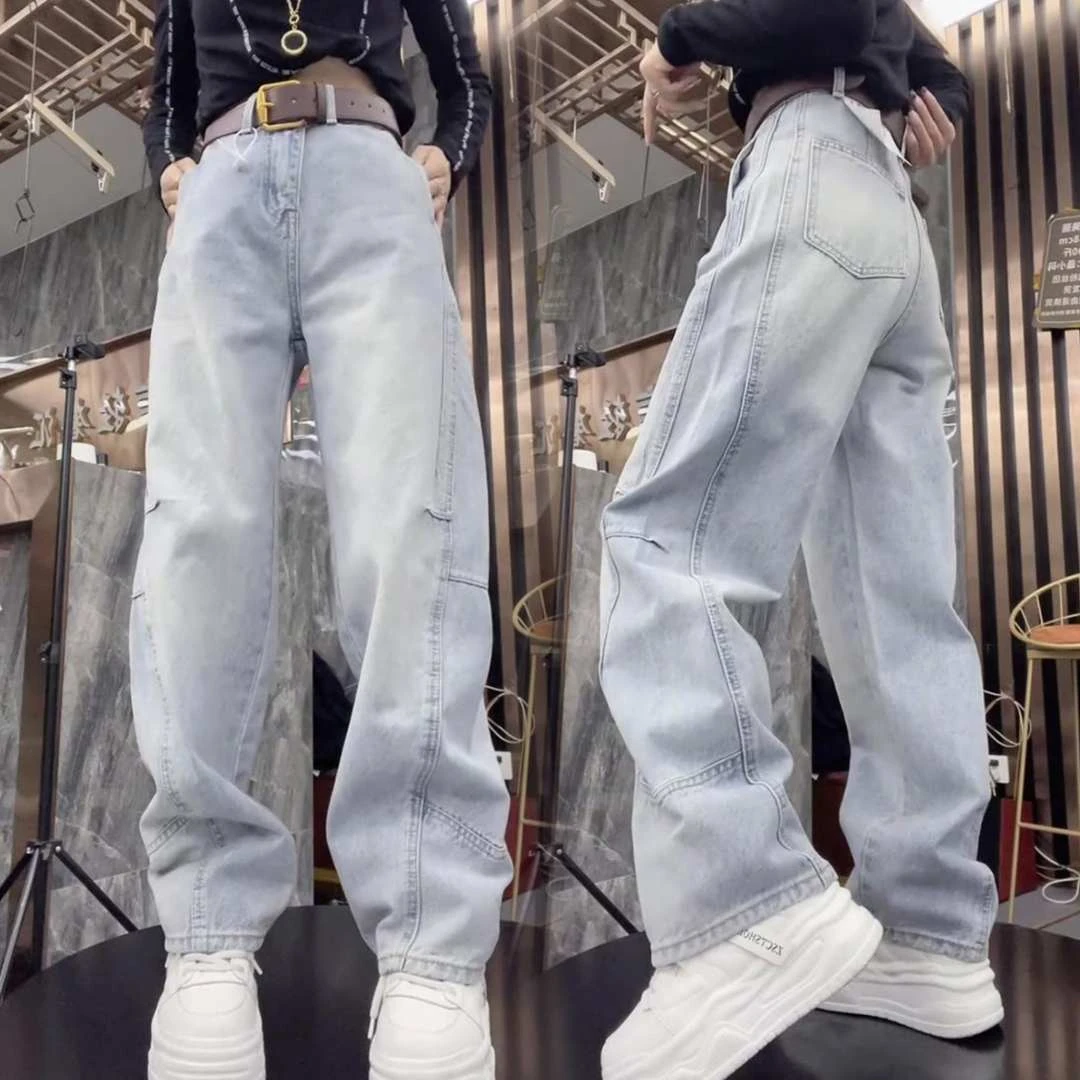 Aimeerosa/艾洛莎牛仔裤微胖百搭阔腿裤早春大码显瘦弯刀拖地长裤