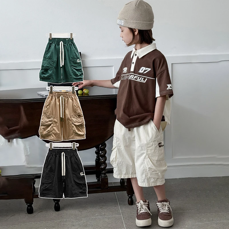 儿童童装男童女童夏季夏装洋气时尚帅气韩版印花休闲宽松五分裤儿