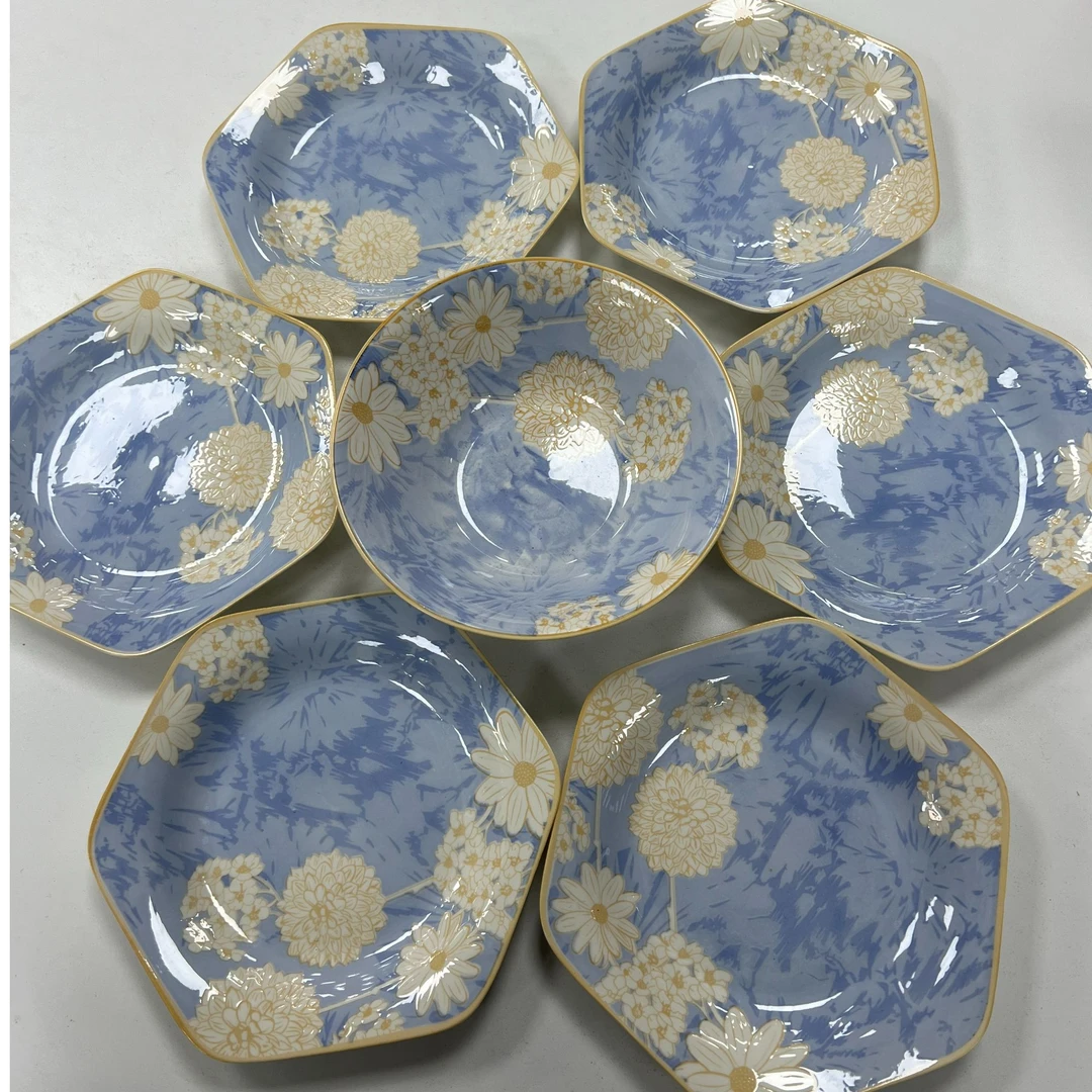 6+1套组时光漫步六角盘釉下彩中式防烫家用盘子轻奢创意