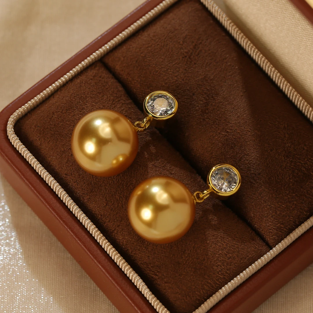 铜合金仿珍珠耳饰 14mm香槟色短款风在吹耳线气质百搭耳环 G1-086