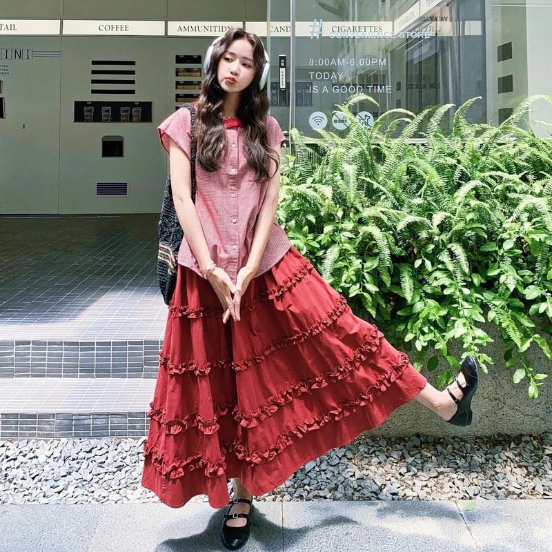 日系甜美格子衬衣两件套女2025夏季新款宽松慵懒木耳边半身裙套装