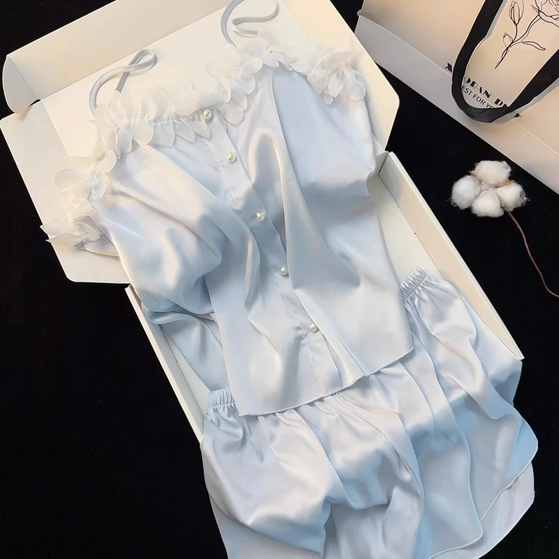 千金花瓣短裤冰丝睡衣女夏季吊带带胸垫睡衣甜美家居服少女纯欲