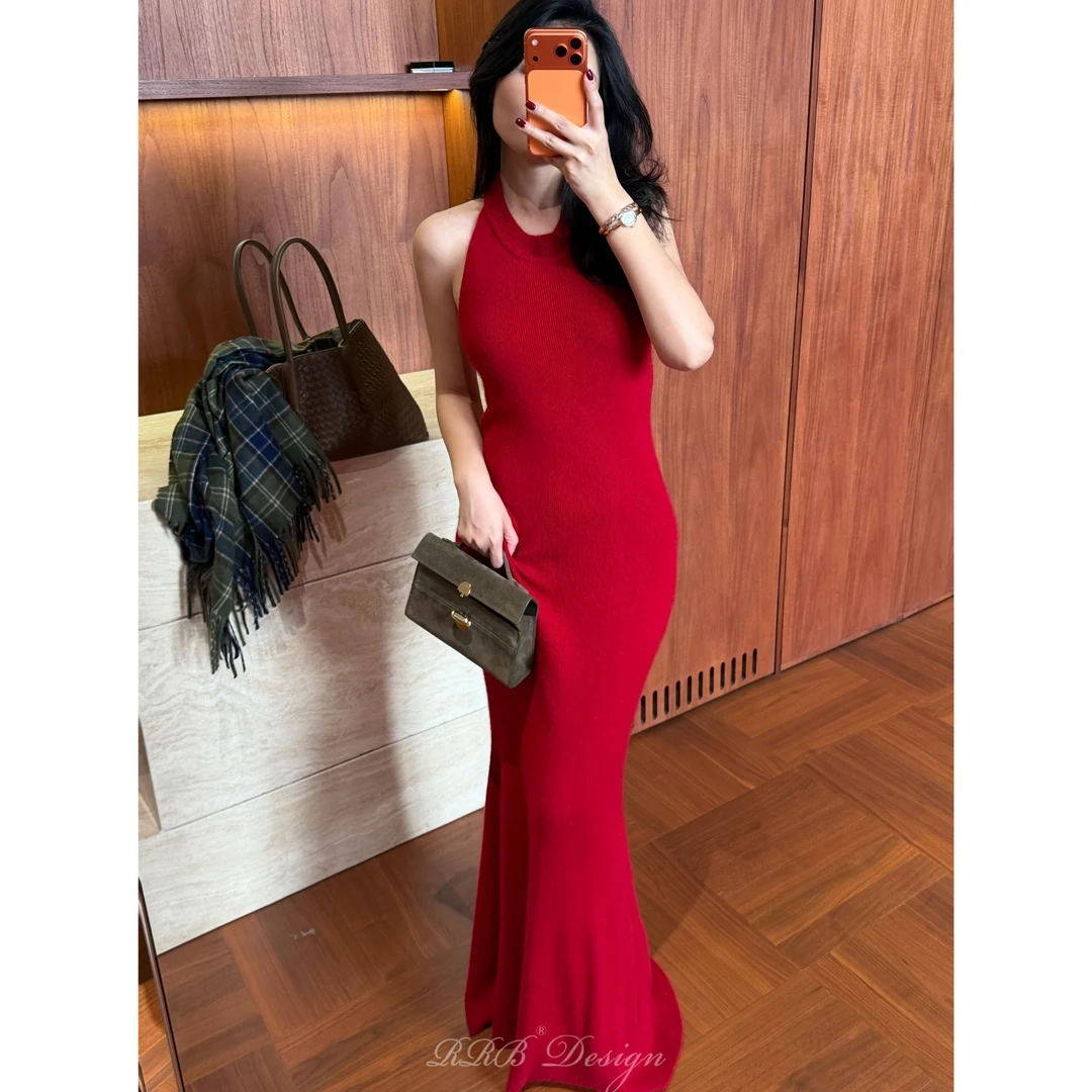 RRB Design浣熊毛混纺秋冬宽松显瘦无袖挂脖鱼尾背心裙