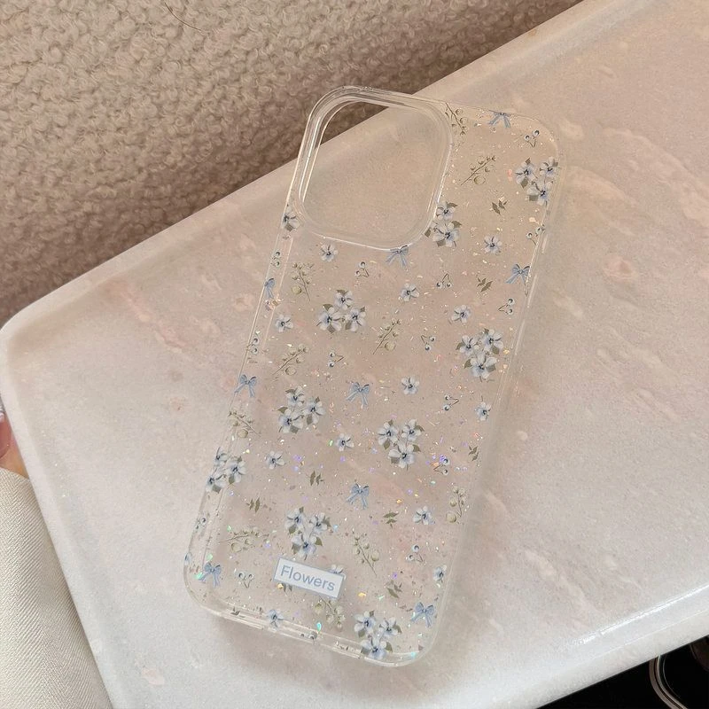 温柔蓝碎花适用苹果16promax手机壳15清新唯美iphone14闪粉11透