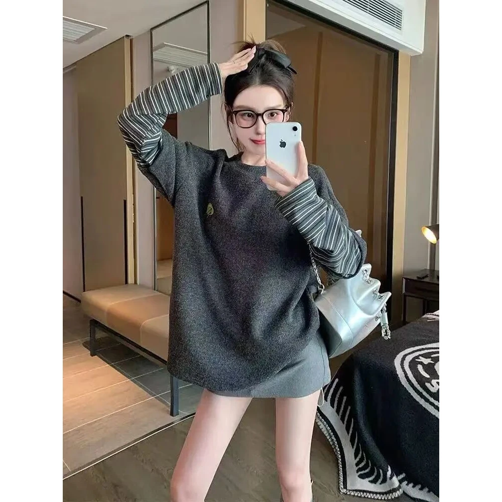 韩系穿搭半袖假两件上衣女春秋季宽松单穿设计感小众正肩长袖T恤