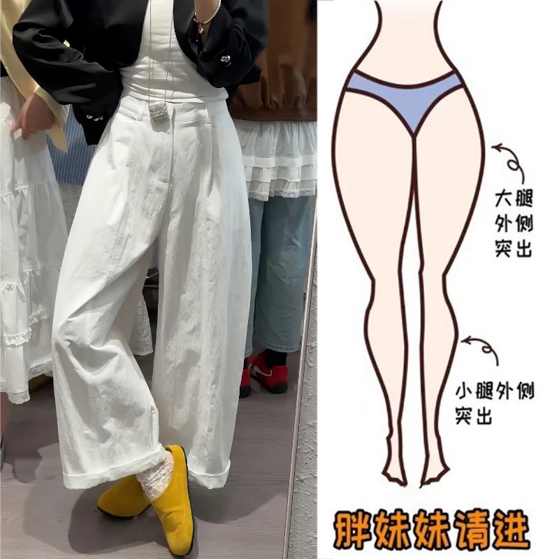 Aimeerosa/艾洛莎时尚百搭白色休闲裤夏季宽松大码阔腿九分奶奶裤