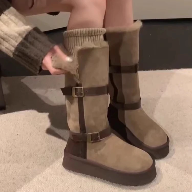 厚底雪地靴女2025新款冬季两穿防滑皮带扣保暖加绒长筒棉靴子棉鞋