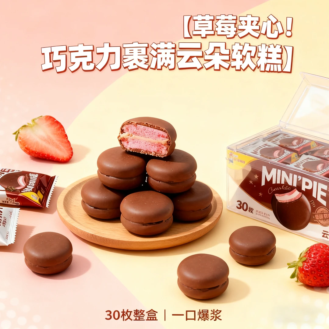 ALiBOBO网红香浓草莓味迷你巧克力派休闲办公小零食300克实惠装