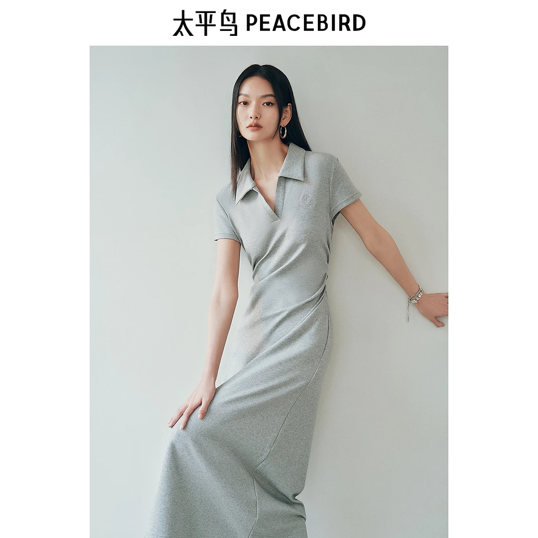太平鸟POLO领长款裙25春新款短袖T恤裙简约休闲显瘦长裙ABFAF1286