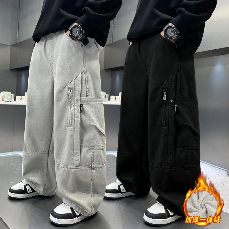 【高品质】男童冬款加绒工装裤2025新款中大童儿童宽松加厚休闲裤潮