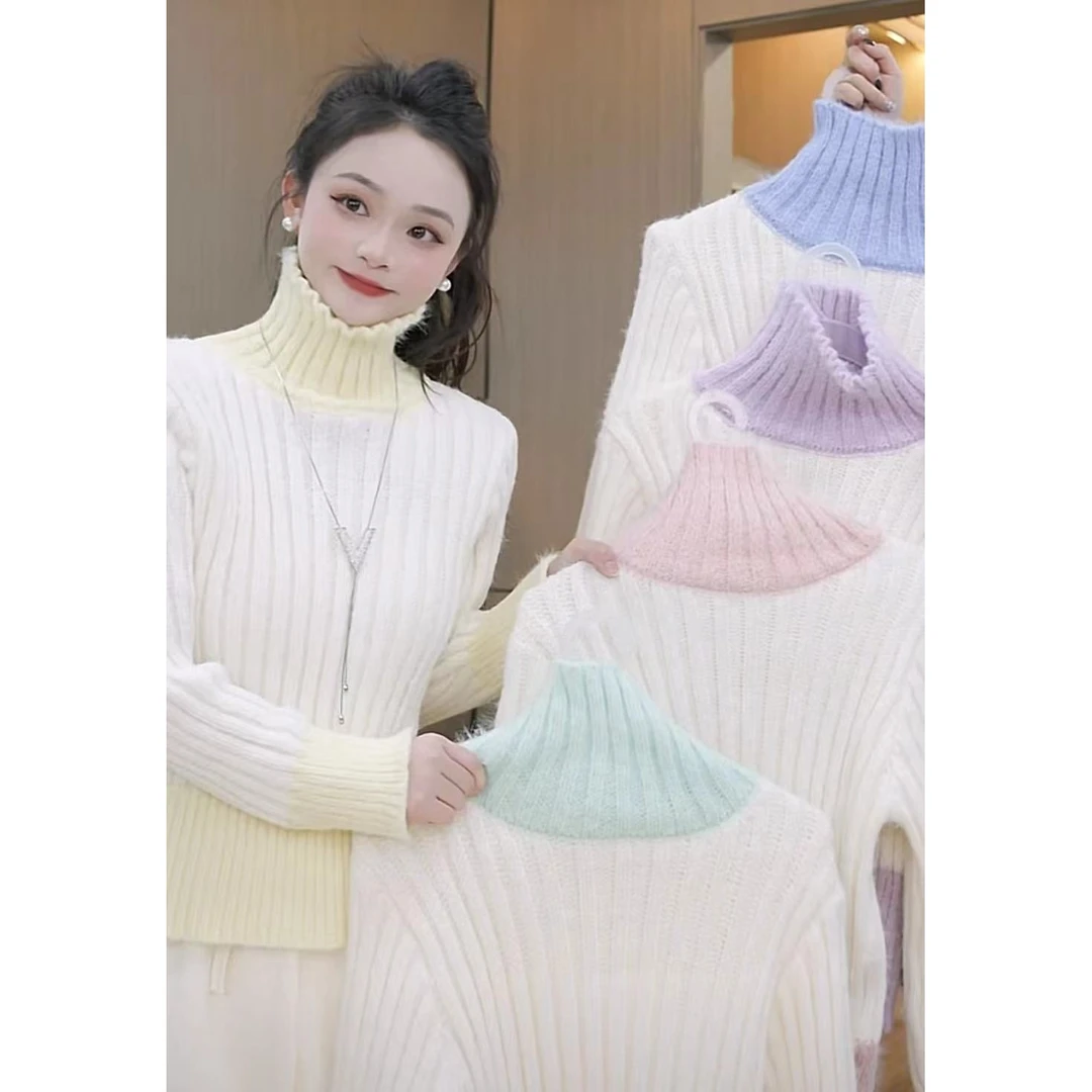 【秀宝女装】慵懒风高领百搭撞色针织毛衣XB4933