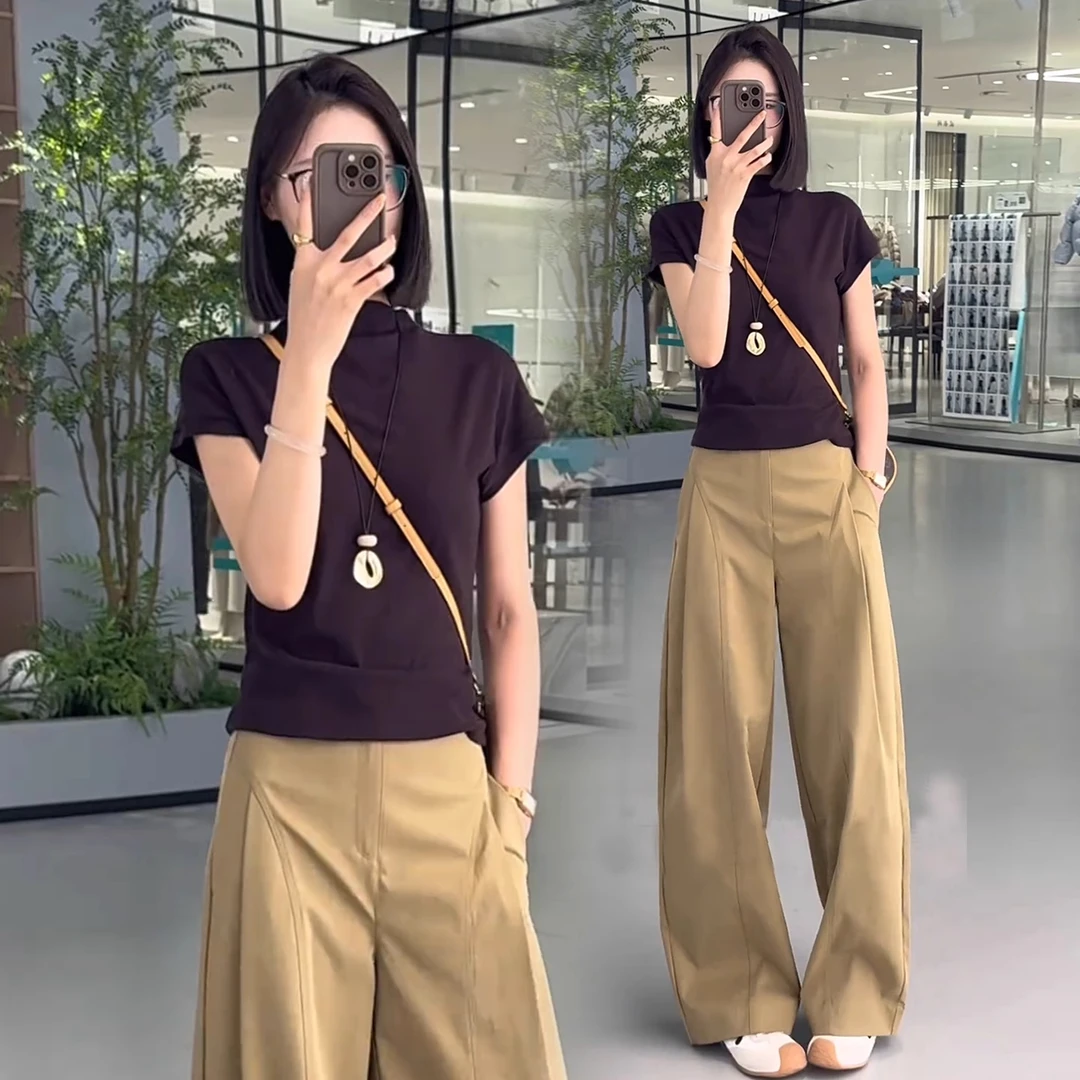 2025早秋新款时尚套装女洋气显瘦针织短袖T恤休闲阔腿裤两件套潮