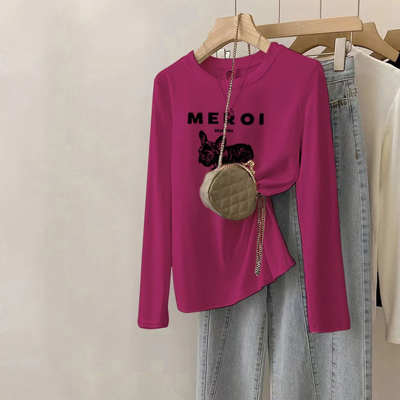 火龙果色正肩棉质长袖t恤女秋装2025新款卡通韩系chic减龄上衣潮