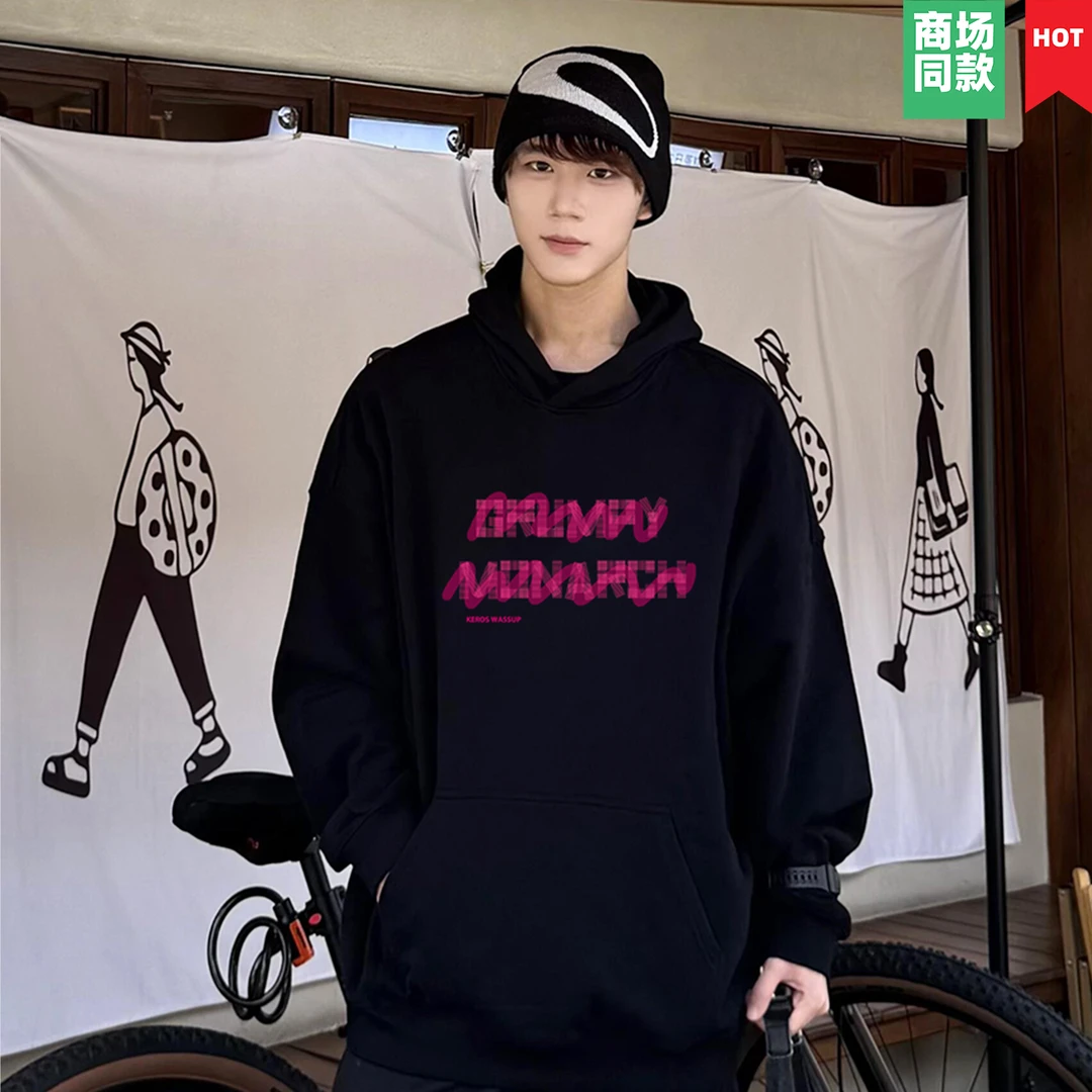 潮流纯棉男女连帽卫衣红色字母印花设计宽松时尚街头风学生情侣款
