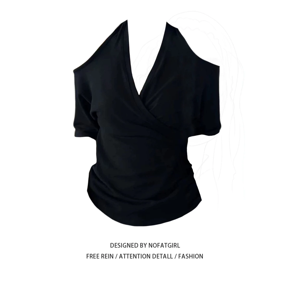 大码胖MM法式复古黑色挂脖露肩T恤女夏季新款收腰显瘦设计感上衣