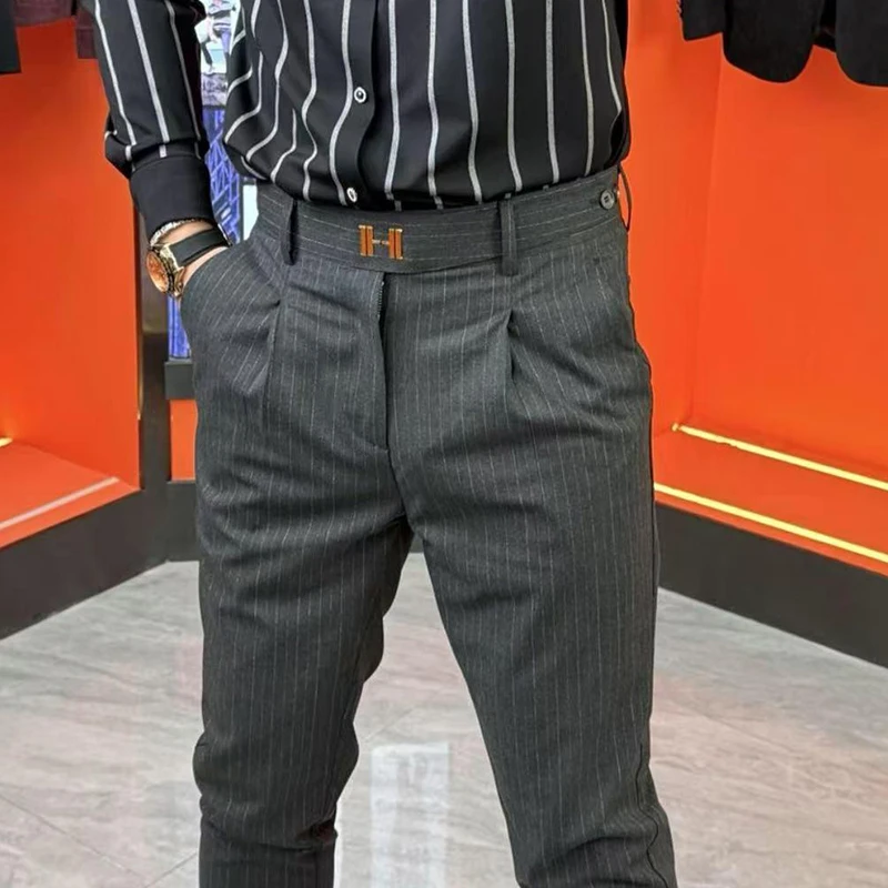 2025新款秋冬男轻奢直筒百搭修身长裤商务时尚竖条西裤休闲裤高档