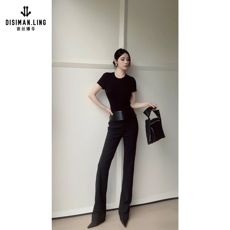 迪丝嫚苓黑色裤子显瘦气质高腰直筒时尚休闲夏季宽松垂感小众优雅