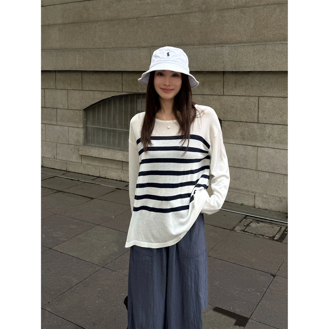 【阿那亚海边】“莱塞尔”高质量透气老钱拼色条纹休闲长袖T恤21594