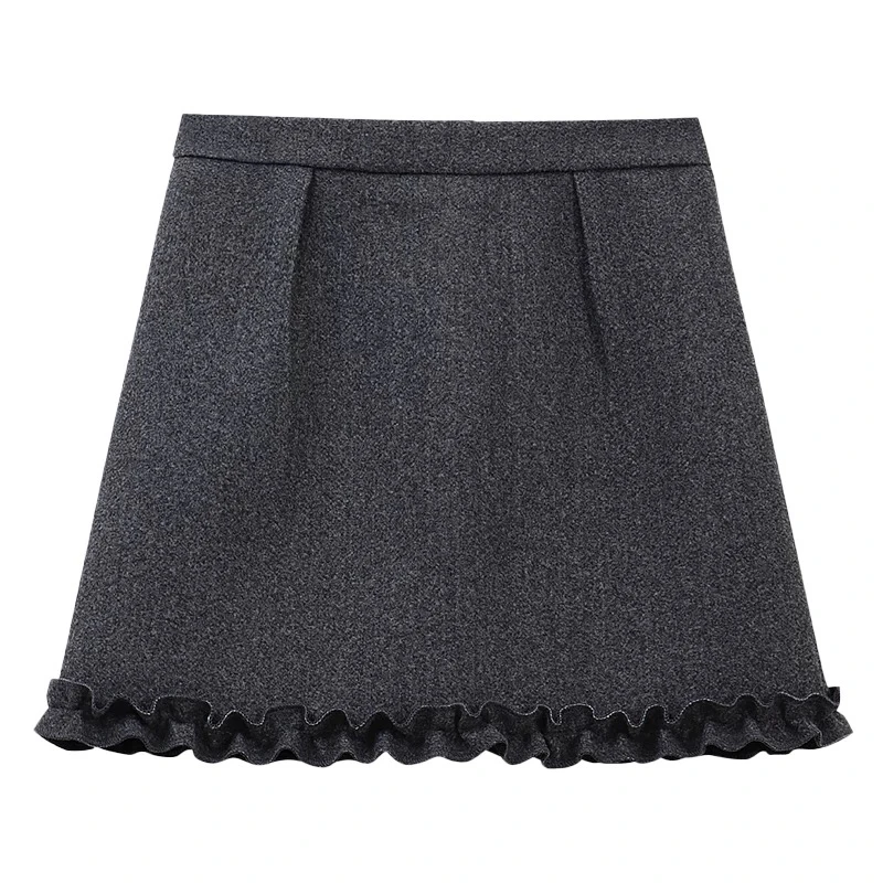 98251木耳边毛呢半身裙