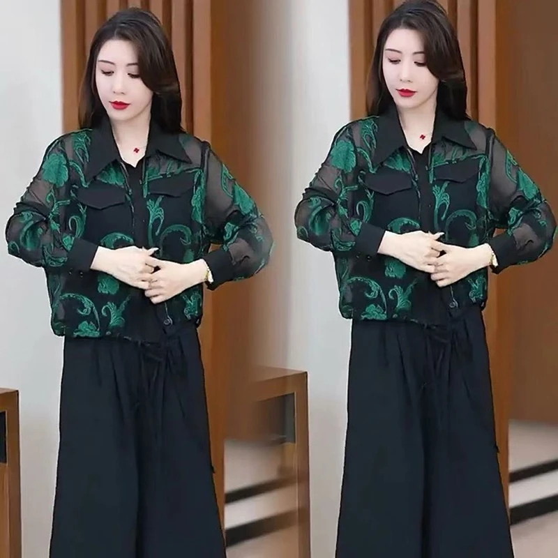 雪纺衬衫印花防晒衣女外搭夏减龄洋气薄款长袖披肩时尚翻领短外套