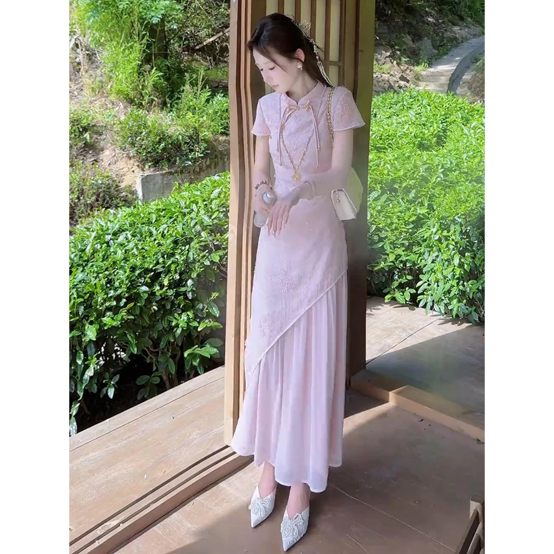 夏季清冷艺术感穿搭高端大气上档次新中式国风改良粉色旗袍连衣裙