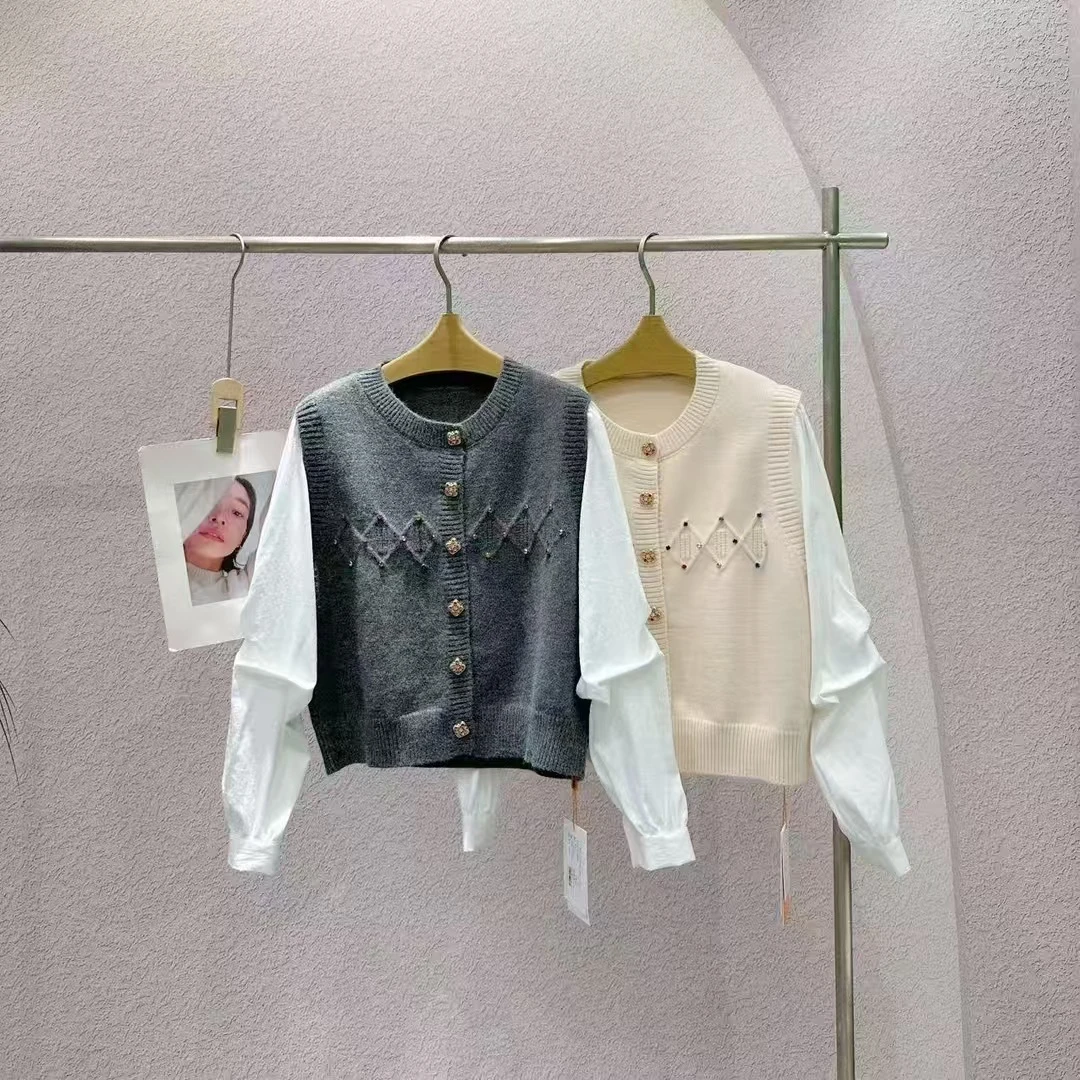 [3477]JESXIE GERDER/杰西歌弟彩钻百搭针织两件套衬衣马甲