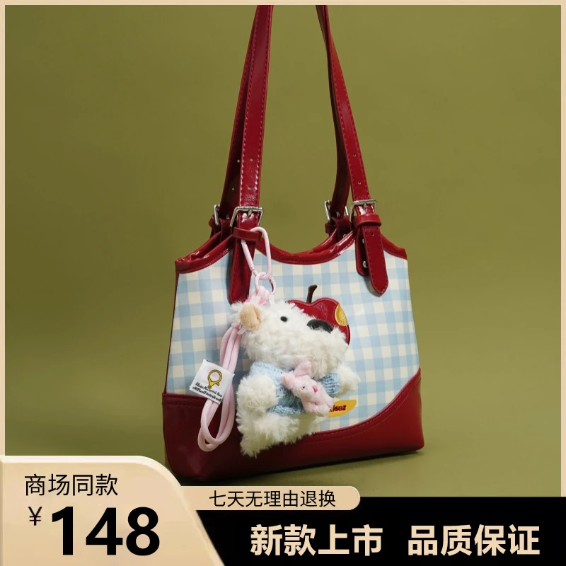 韩国小众腋下包包女2025新款潮时尚学院风格子苹果托特包大容量包