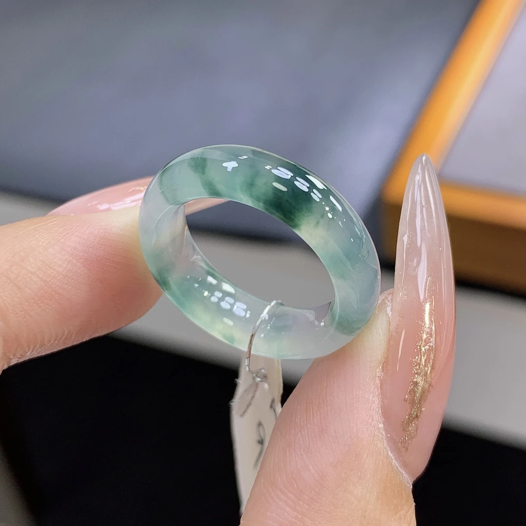 9号圈 缅甸天然翡翠 冰种飘蓝花翡翠戒圈尺寸15.5-5.5-3.6mm