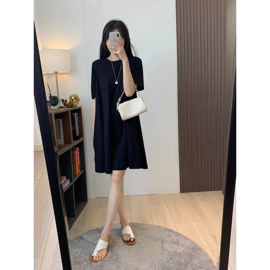 圆领显瘦休闲A字T恤裙连衣裙女夏季新款大码宽松简约气质中长裙子