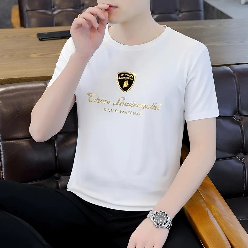 高端烫钻短袖t恤男士夏季薄款冰感圆领体恤上衣休闲轻奢痞帅男装