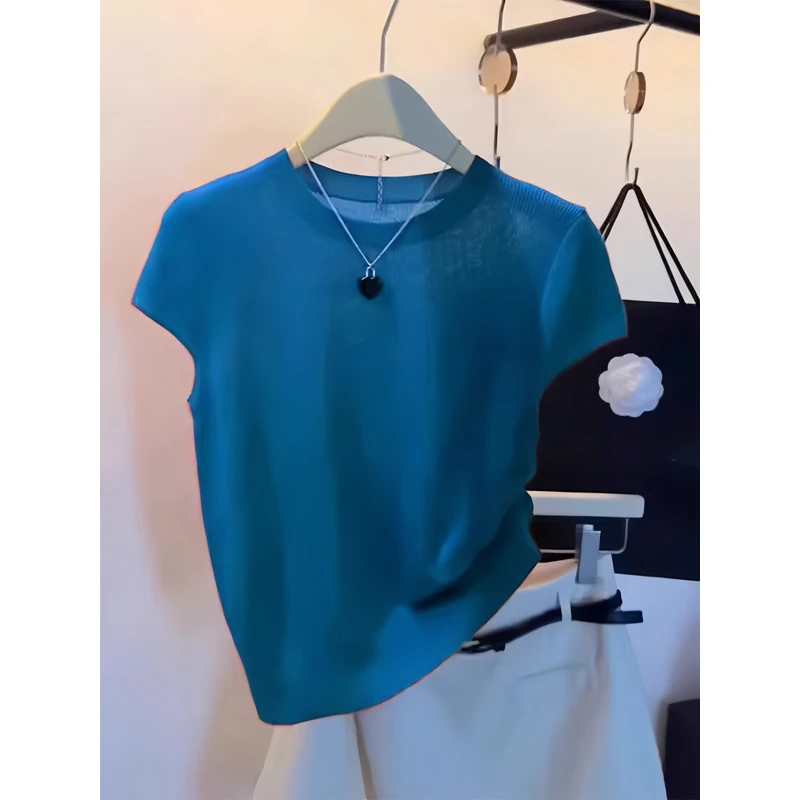 卡莲格/冰丝小飞袖修身针织衫短袖T恤女夏季克莱因蓝镂空短款上衣