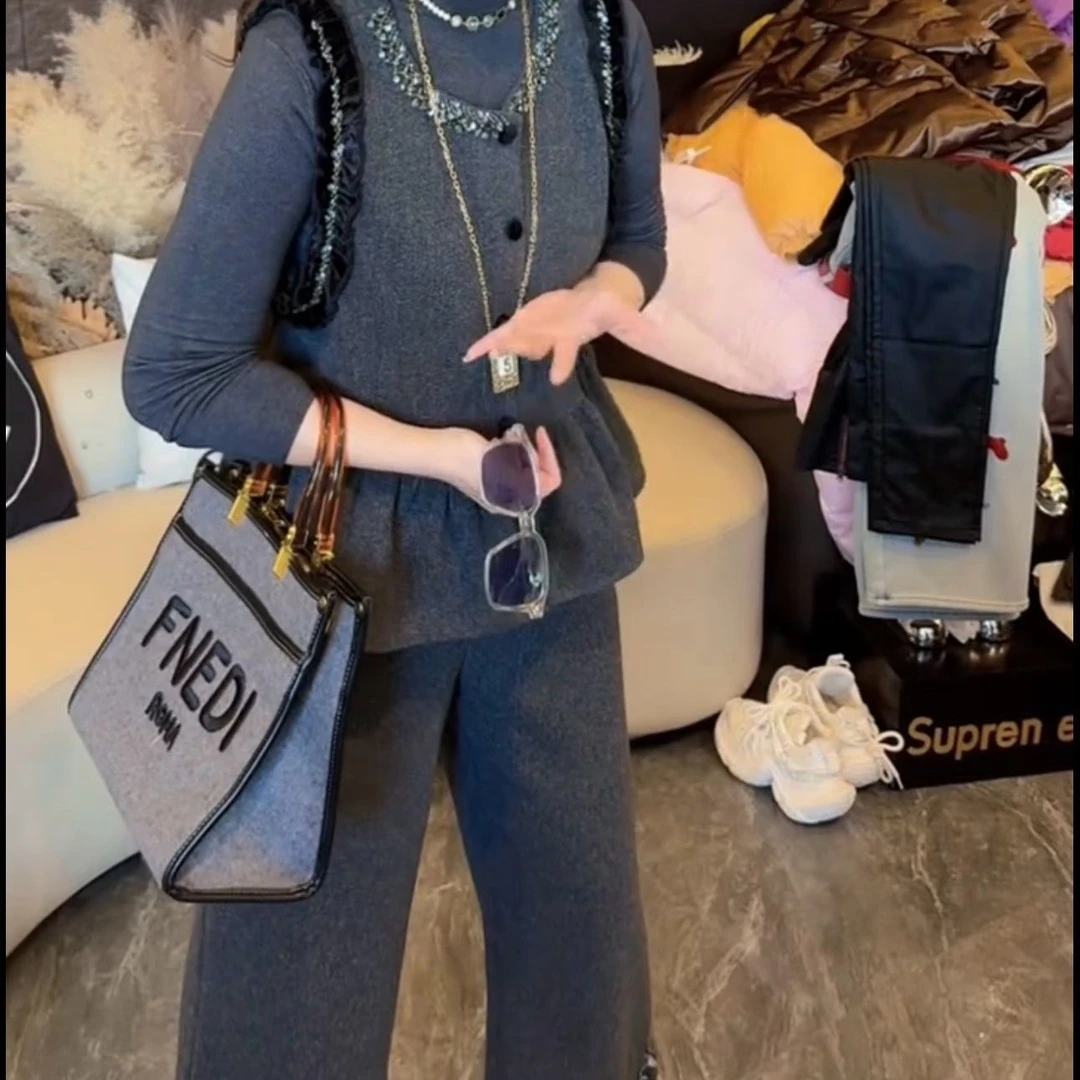 秋冬新款韩系慵懒风减龄显瘦马甲阔腿裤套装气质百搭