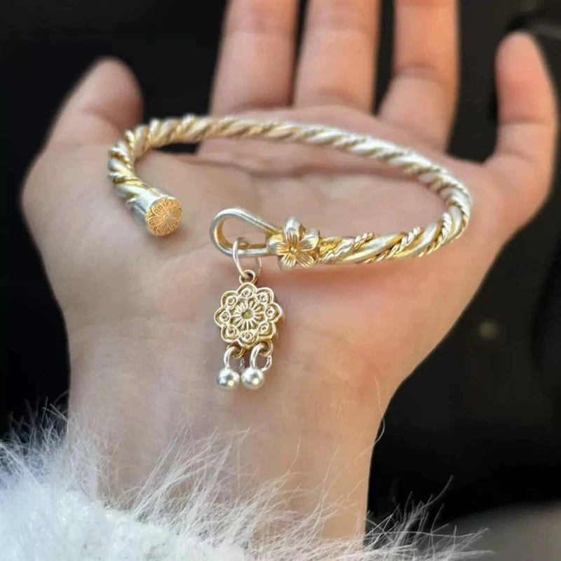 足银手镯70号链接描金扭麻莲花开口手镯纯银女时尚国潮民族风