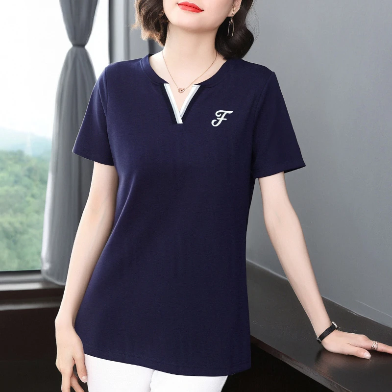 大码v领上衣女胖mm遮肚中长款短袖t恤2025新款宽松显瘦打底衫韩版