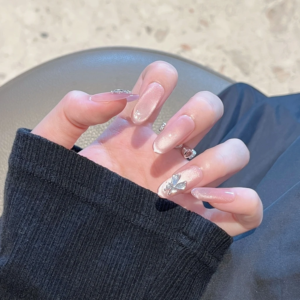 冰透粉蝴蝶手工猫眼10片装半手工穿戴甲简约百搭显手长指甲贴片