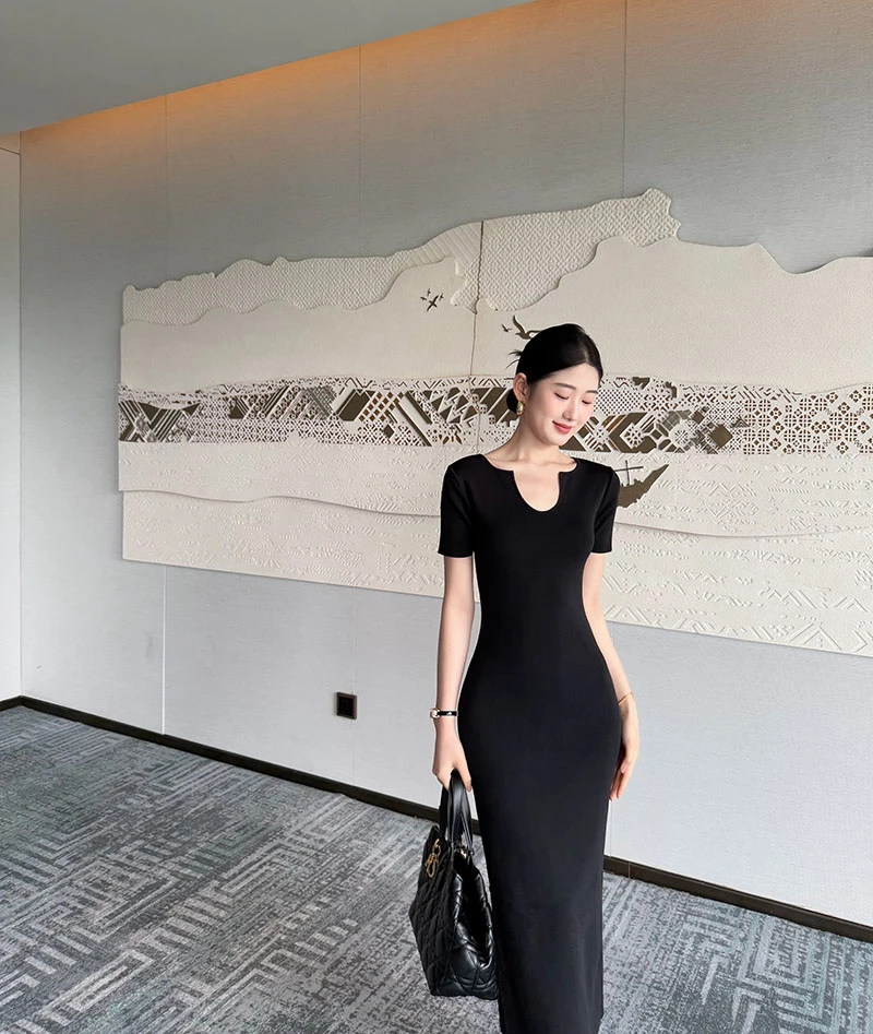 夏季高腰礼服风U领A字裙收腰显瘦包臀裙高弹力针织