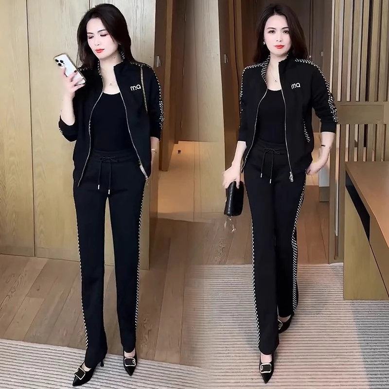 休闲运动服套装女2025春季新款洋气显瘦立领开衫阔腿裤时尚两件套