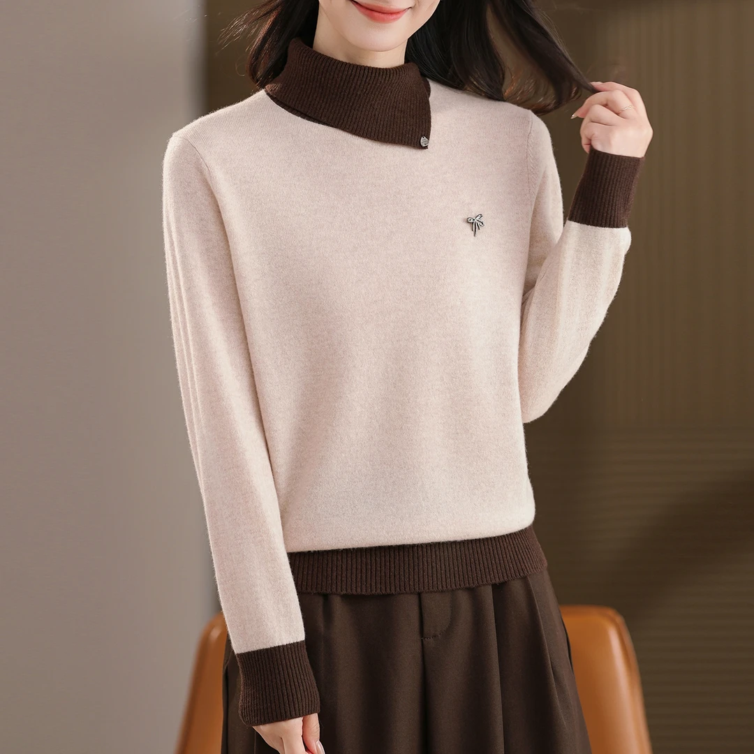 羊毛衫女100%纯羊毛上衣撞色时髦减龄毛衣冬季保暖打底衫针织内搭
