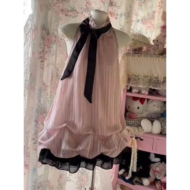 【南油一哥】蝴蝶结系带连衣裙2025夏季新款甜美无袖显瘦收腰短裙女