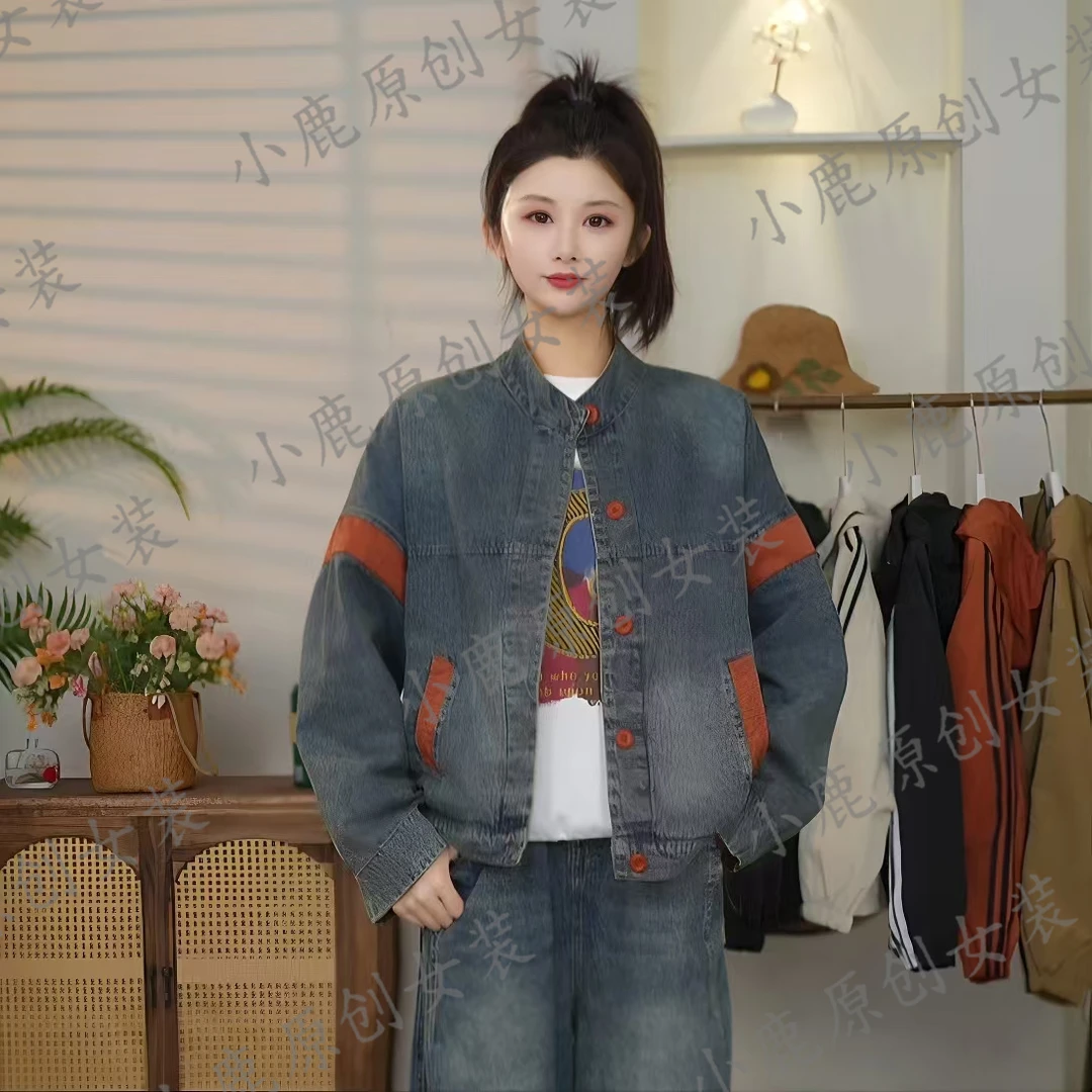 2025春季新款水洗软牛仔拼接设计时尚百搭外套无帽女士上衣