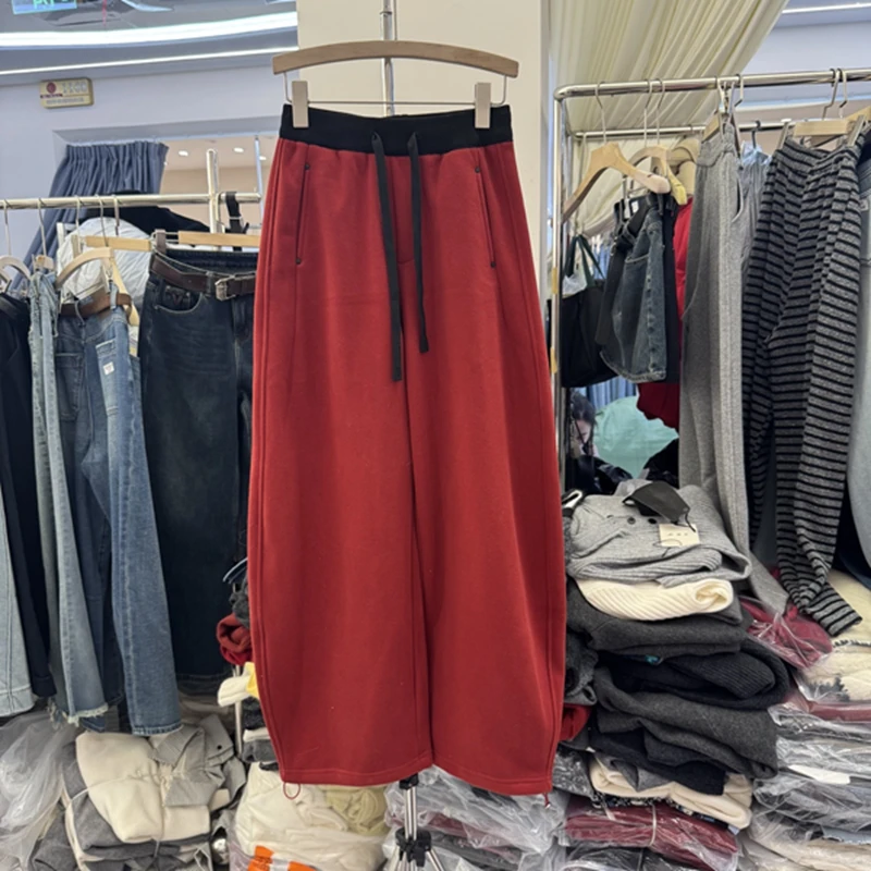 2025年秋季新款灰色弯刀卫裤松紧抽绳高腰显瘦休闲阔腿镰刀香蕉裤